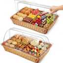 Ziliny 2 Set Wicker Bread Baskets for Serving with Clear Acrylic Roll Top Lid Woven Rattan Bread Basket Large for Fruit Food Picnic Summer Pool Party Outdoor BBQ(21.26 x 13 Inch,2 Compartment)