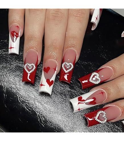 24Pcs Valentines Press on Nails Long Coffin Fake Nails with Hollow Out Heart Nails Charms Design French Tip False Nails Glossy Full Cover Glue on Nails Valentines Heart Acrylic Nails for Women