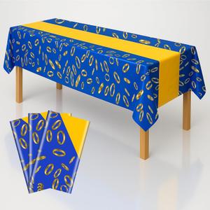 3-Pack Blue & Gold Ring Print Plastic Tablecloths - 108"x54" Video Game Theme Table Cover Party Decor - Birthday Celebration Supplies