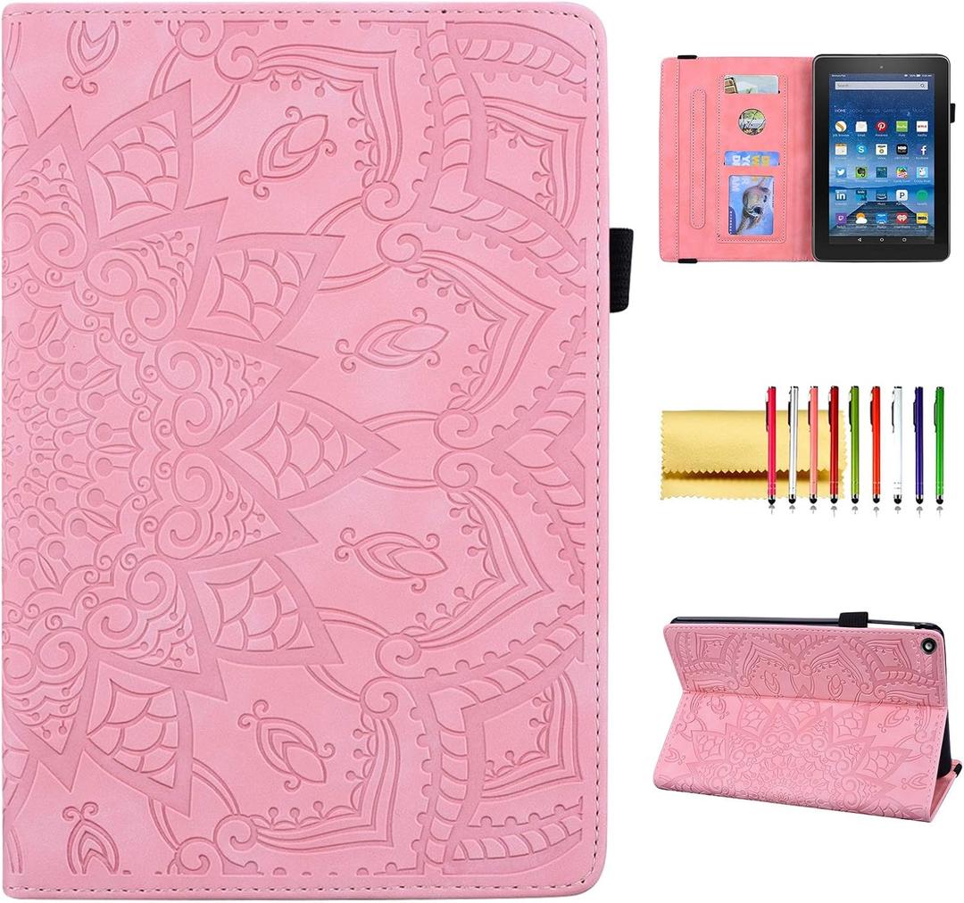 Folio Case for Fire HD 8.0" 2015/2016/2017/2018, Techcircle PU Leather Stand Soft TPU Back Cover Slim Fit Mandala Embossed Case with Card Holder for Kindle Fire HD 8 8th/7th/6th/5th Generation, Pink