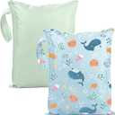 3 x Wet Dry Bags Water Resistant - 2 Pack Reusable Waterproof Wet Dry Bag for Swimsuits & Baby Clothes - Leakproof Storage Pouch Bag for Travel & Baby Diaper - Travel Laundry Daycare Bags (Marine Animals&Light Green)
