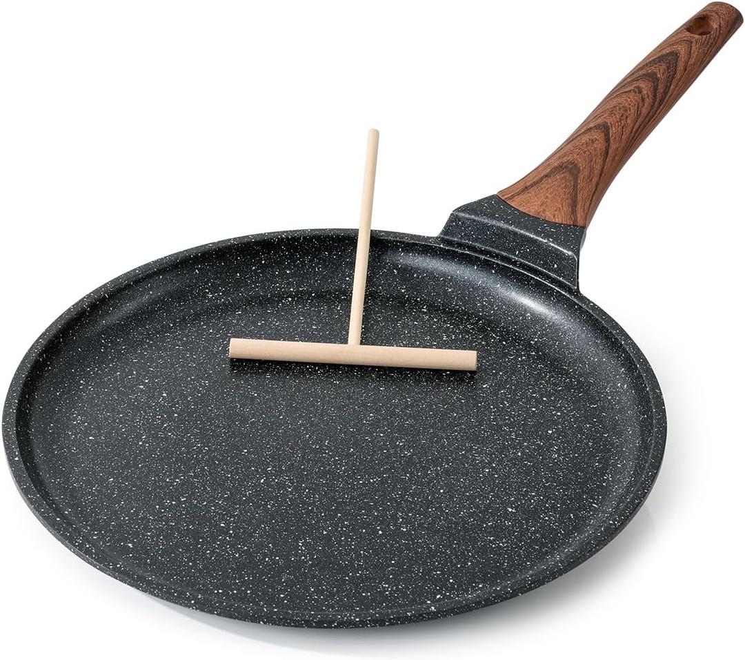 Kordisen Crepe Pan Nonstick, 12 Inch Dosa Pan with Spreader, Granite Coating Comales Para Tortillas Pancake Pan, Flat Bottom for Stove Top, Induction Compatible, PFOA Free (Black)