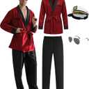 5PCS Red Silk Robe & Black Pants Set with Captain Hat & Glasses  Halloween Costume Accessories for Adults (Medium)