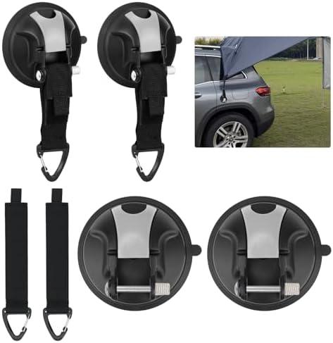 4 Pcs Heavy Duty Suction Cup Hooks, Car Camping Essentials Tie Down, Outdoor Strong Suction Cup for Camping Tarps RV Car SUV Awning Boat Tent Window Glass, Portable Suction Securing Hook
