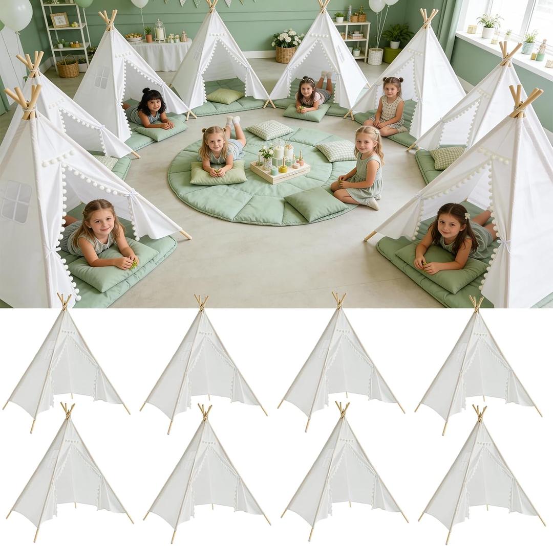8 Pack Teepee Tent for Kids with Lights, Cotton Indoor Play Teepee with Pompom for Girls & Boys, Sleepover Tents for Boho Slumber Spa Party, 17 inches x 7 inches x 8 inches