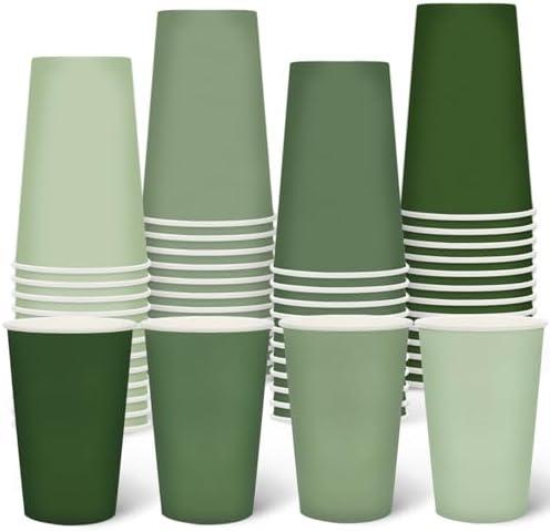 Whaline 60Pcs Sage Green Paper Cups 16oz Gradient Green Disposable Cups Spring Beverage Drinking Cup for Wedding Baby Shower One Lucky Duck Birthday Party Supplies