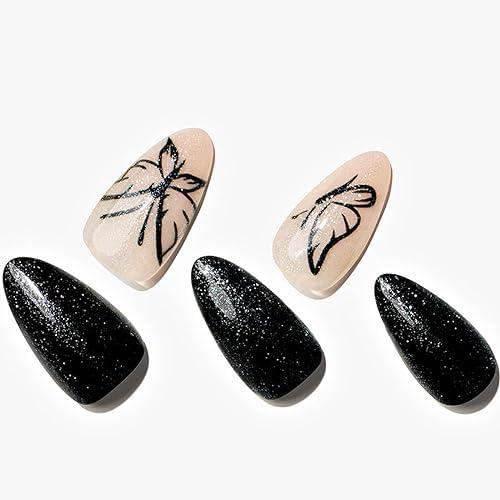 GLAMERMAID Press on Nails Almond,Black Gel False Nails with Design,24 PCS Glue on Nails,Reusable Acrylic Stick on Nails Tips Manicure Set for Women,Butterfly Imprint
