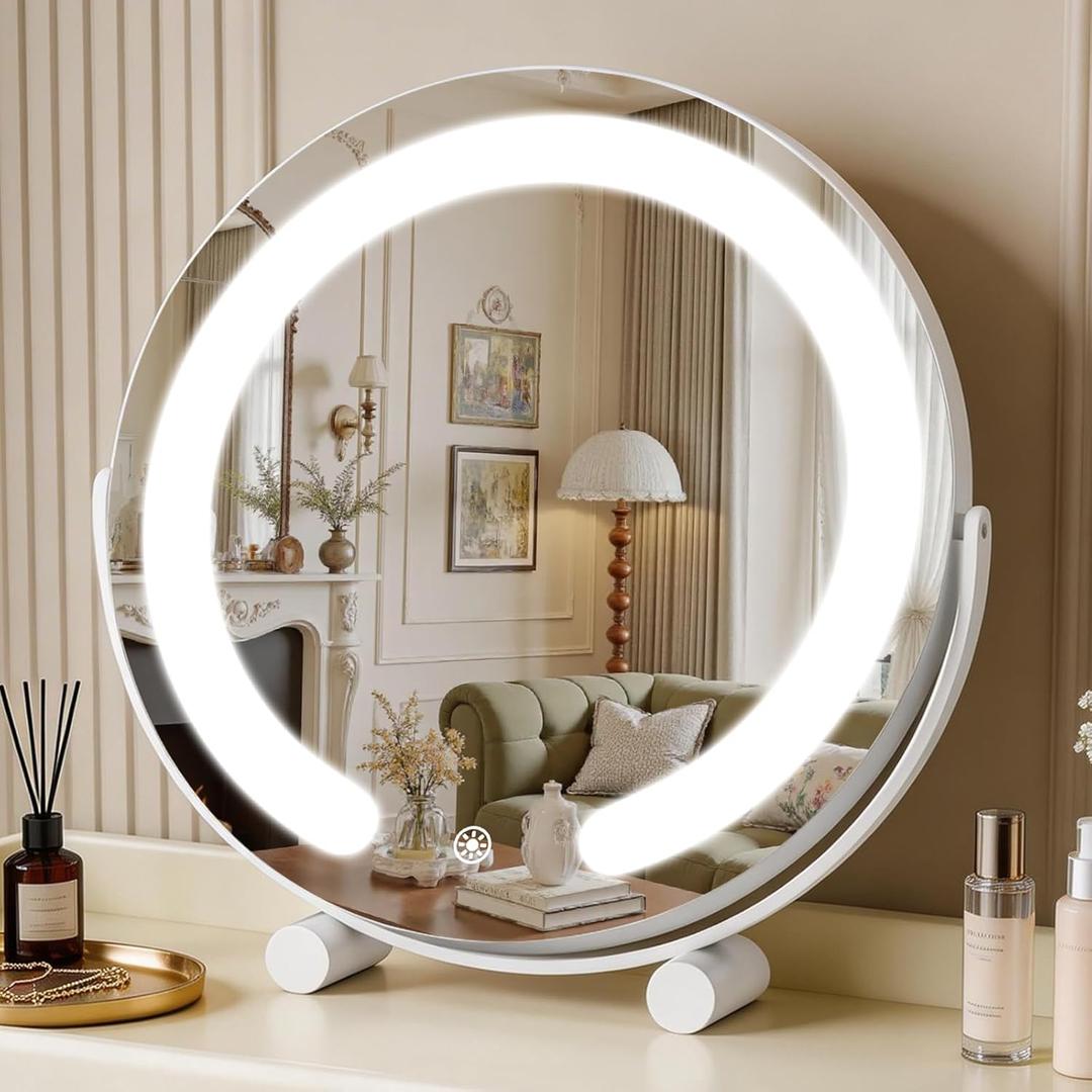Vanity Mirror with Lights, 12" LED Makeup Mirror, HD Professional Mirror, Smart Touch with 3-Color Lighting, Dimmable, 360 Rotation, Lighted Up for Makeup Desk, Bedroom (White)