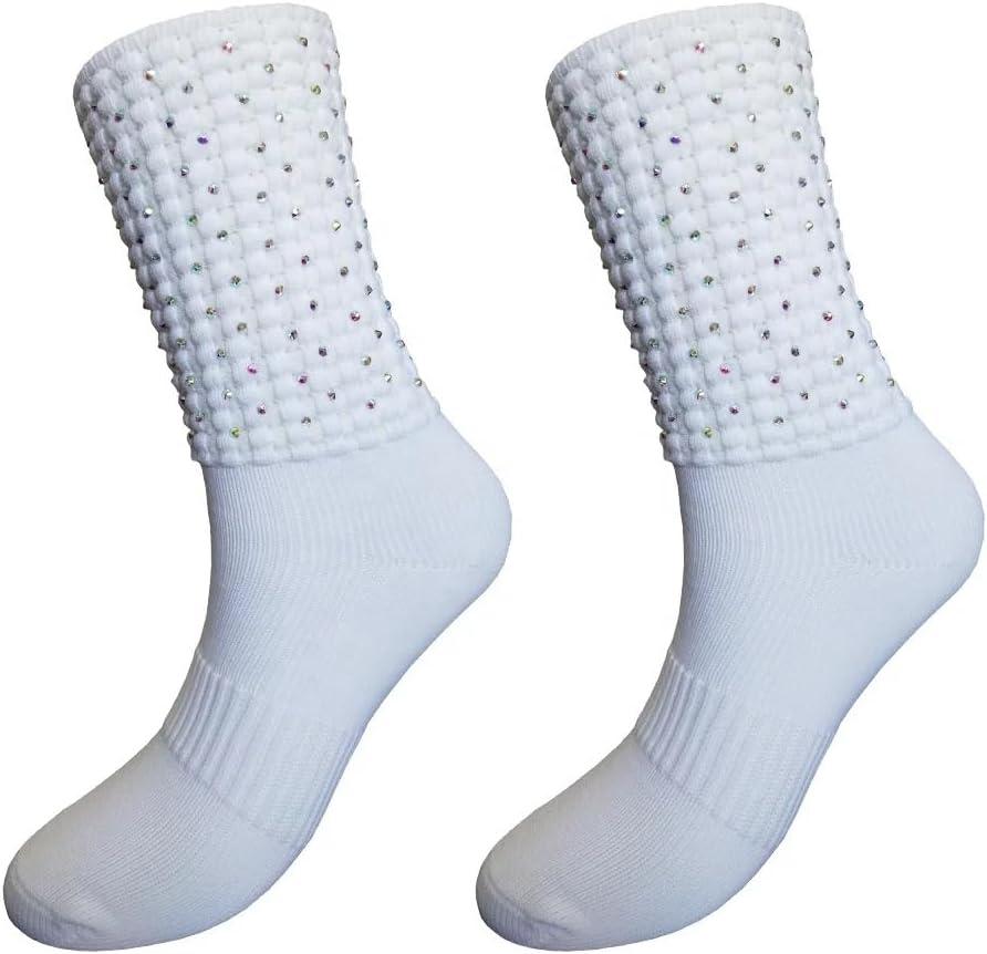 Irish Dance Poodle Socks w/Crystals, Championship Length, White, X-Small-Large (White)