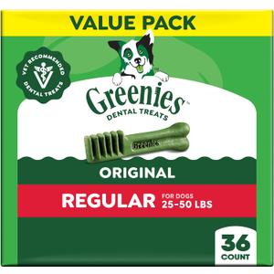 Greenies Veterinarian-Recommended Adult Natural Dental Dog Treats Regular Size, Dog Dental Chews, Original Flavor, 36 oz. Pack, 36 Count, BB 06/2027