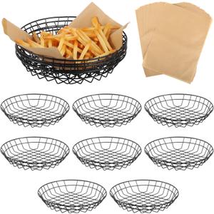 12 PCS Food Serving Wire Baskets, 9.8 x 9.8 x 1.8 Inch Wire Bread Baskets with 50 Sheets Deli Wrapper, Metal Snack Basket with Oil-Absorbing Paper for Restaurant Party