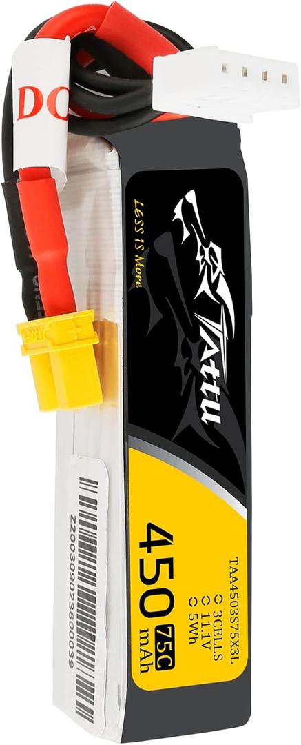 Gens ace Tattu 3S Lipo Battery 11.1V 450mAh 3S 75C Lipo Battery with XT30 Plug - Long SizeFor Micro FPV Racing Drone