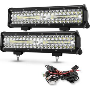BUNKER INDUST 12 Inch LED Light Pods with Wiring Harness Kit, 2Pcs Spot Flood Beam 68000LM Triple Row Light Bar Waterproof Work Lights for ATV UTV Truck Tractor Boat Golf Cart Offroad Fog Driving