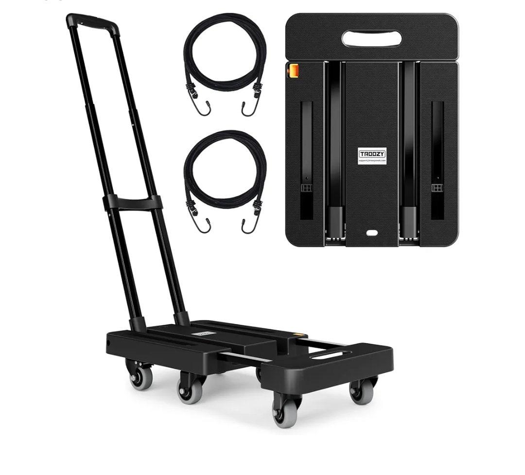 Folding Hand Trucks, Heavy Duty Dolly Cart with 6 Wheels & 2 Elastic Ropes, Foldable & Ideal for Luggage, Travel, Moving, Shopping, Office Use, Hold Up to 500 LB, Easy to Store, Black