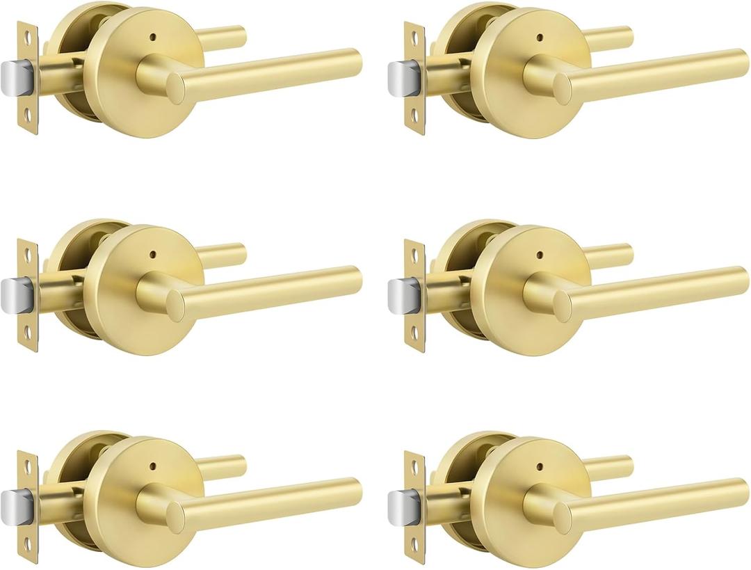 Goldenwarm Gold Door Handles Interior, Zinc Alloy Heavy Duty Brushed Gold Interior Door Handles for Bedroom Bathroom, Modern Round Privacy Door Levers (6 Pack)