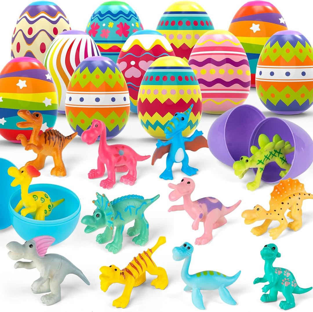 12pcs Easter Egg Prefilled with Mini Dinosaur Toy Inside, For Easter Hunt, Easter Basket Stuffers, Easter Party Favor Supplies, Goody Bag Filler, Filling Treats, Filled Easter Egg Gift for Kid Toddler