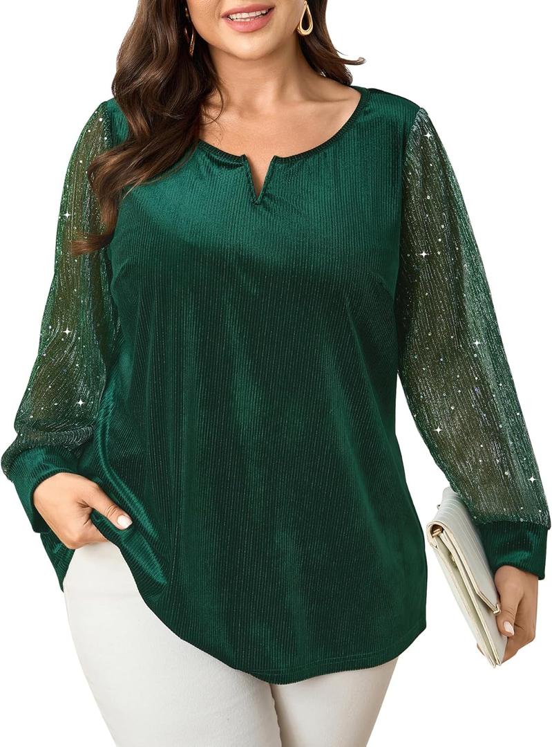 SCOMCHIC Women's Plus Size Blouses Long Sleeve V Neck Sparkly Sequin Velvet Top Dressy Casual Loose Shirts Party Tops (XX-Large Plus, Emerald Green)