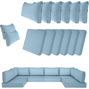 14 Piece Outdoor Patio Cushion Cover Replacement, Waterproof Patio Cushion Covers, Outdoor Furniture Cushion Covers Set for 6 Seat Wicker Rattan Sofa (Light Blue), 25.6 inches x 25.6 inches x 4 inches