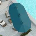 15FT Double Sided Patio Umbrella with Base Included, Double Sided Outdoor Market Umbrella with Flexible Fiberglass Ribs, UV-Blocking Extra Large Umbrella for Garden, Pool, Deck, Lake Blue