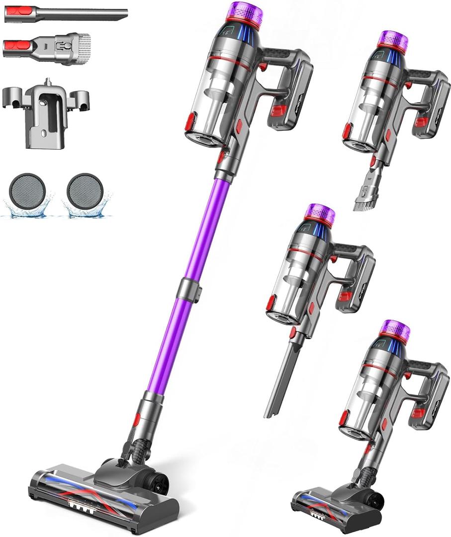 Cordless Stick Vacuum Cleaner - 550W Powerful Cordless Vacuum with HEPA Filter, Up to 50min Runtime & Tangle-Free Lightweight & Detachable Battery for Pet Hair Carpet Hardwood Floor Cleaning (Purple)