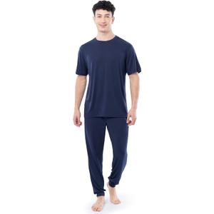 Fruit of the Loom mens 360 Stretch Crewneck Top and Jogger Pant Sleep Pajama Set (Large, Navy)