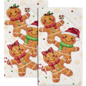 Christmas Gingerbread Man Hand Towels Set of 2 Xmas Theme Gingerbread Gold Snowflake Absorbent Kitchen Towels Rustic Winter Holiday Fingertip Towels for Bathroom Hotel Gym Spa
