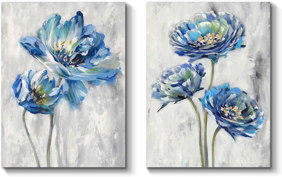 TAR TAR STUDIO Blue Flower Artwork Canvas Picture: Floral Painting Bloom Wall Art Print on Canvas for Dining Room (11''W x 16''H x 2 PCS, Multiple Sizes/Material)