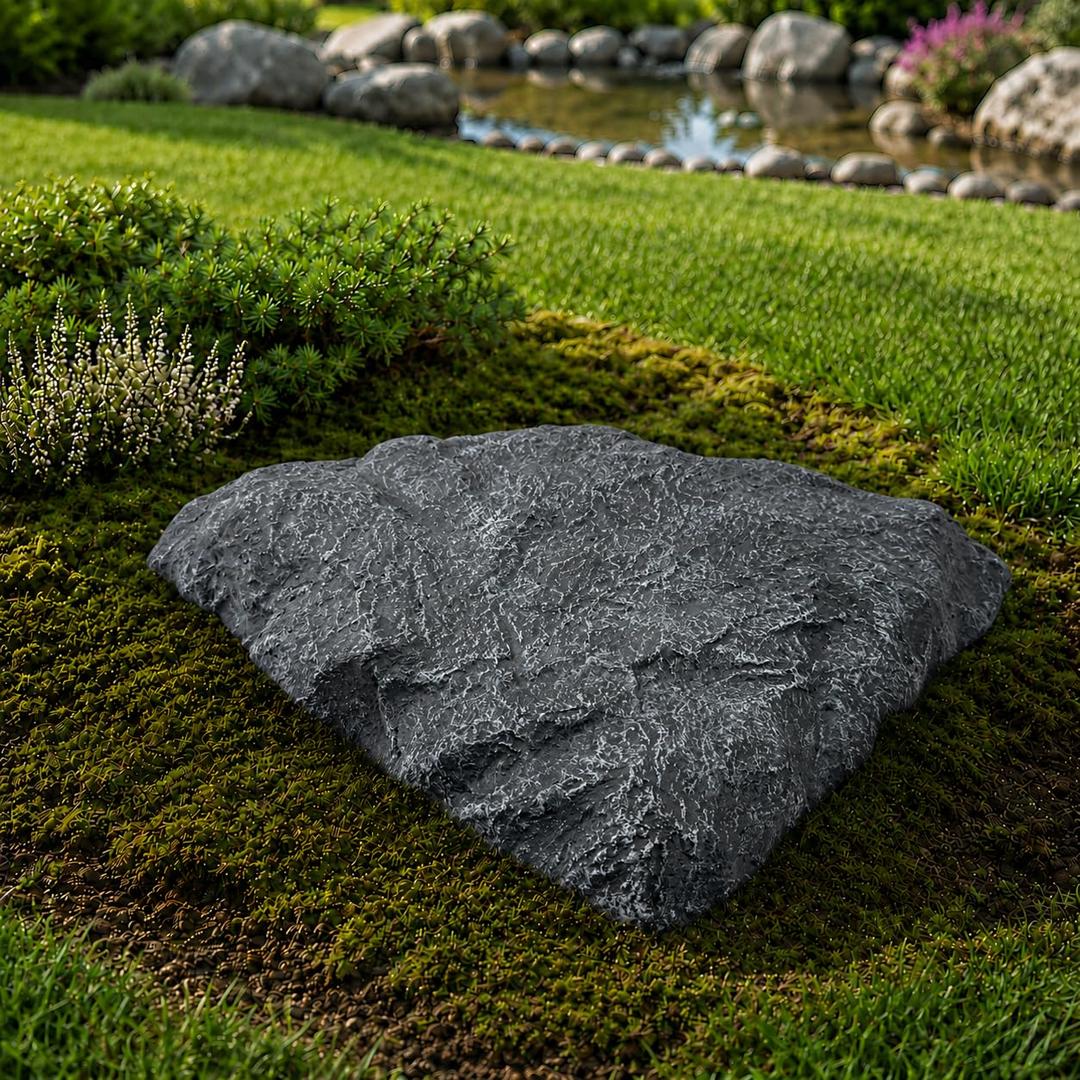 Low Profile Faux Rock Cover 20" W x 20" L x 3" H, Flat Fiberglass Landscape Rock for Well Caps, Septic Lids & Utility Concealment, Realistic Natural Texture, Charcoal Slate Gray