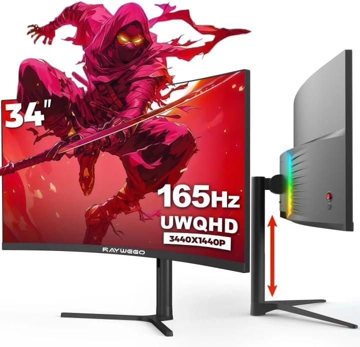 Raywego 34 Inch Curved Gaming Monitor, WQHD 3440 x 1440p, 165Hz 1ms, 21:9 Ultrawide, 127% sRGB, Ergonomic Height Adjustable Stand, PIP/PBP, RGB Backlight, Black