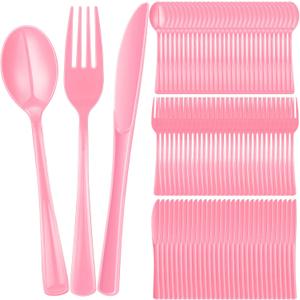 300 Pcs Plastic Silverware Heavy Duty Cutlery Set Plastic Utensils Set Includes 100 Disposable Spoons 100 Forks Knives for Parties Catering Family Gathering(Pink)