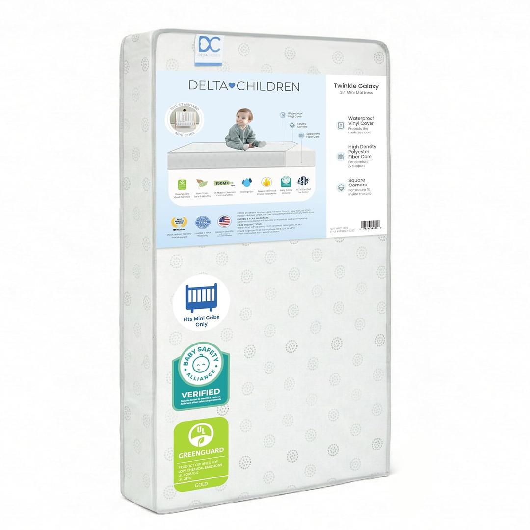 Twinkle Galaxy 3-inch Mini/Portable Crib Mattress - Sustainably Sourced Fiber Core - Waterproof - GREENGUARD Gold Certified (Non-Toxic) 