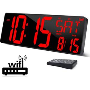 XREXS Large Digital Wall Clock WiFi Sync, 16.5 in Large Display Wall Clock with Temperature/Date/Week, LED Big Digital Timer Clock with Remote Control, Alarm Clock for Home and Office, Auto-dimming