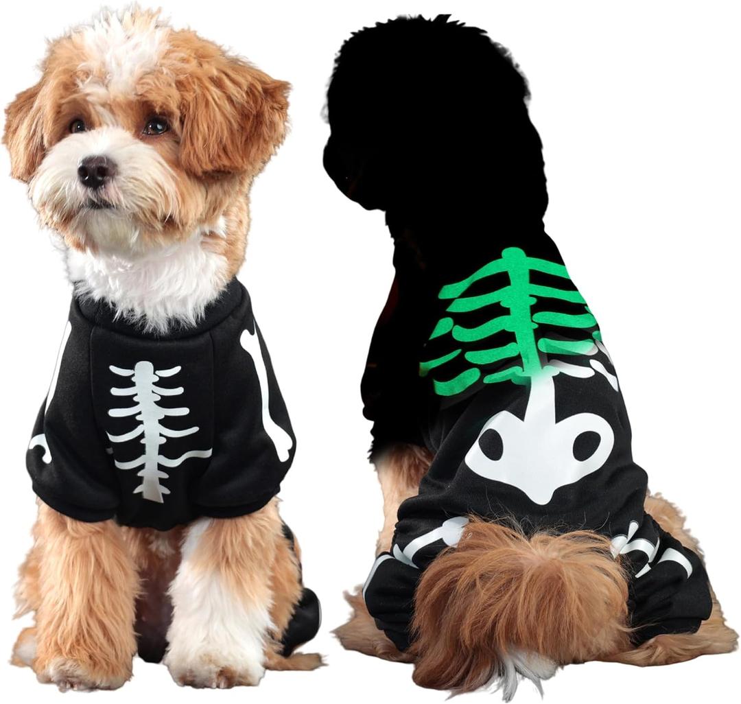 Small Dog Costume Ghost,Pet Clothes Skeleton Glow in The Dark Jumpsuit, Black and White, for Small Medium Dogs (Black, X-Large)