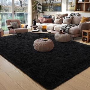 Foxmas Large Area Rugs for Living Room Bedroom 9x12Feet, Fluffy Kids Room Plush Shaggy Nursery Rug Furry Throw Carpets for Boys Girls, College Dorm Fuzzy Rugs Home Decorate Rug, Black