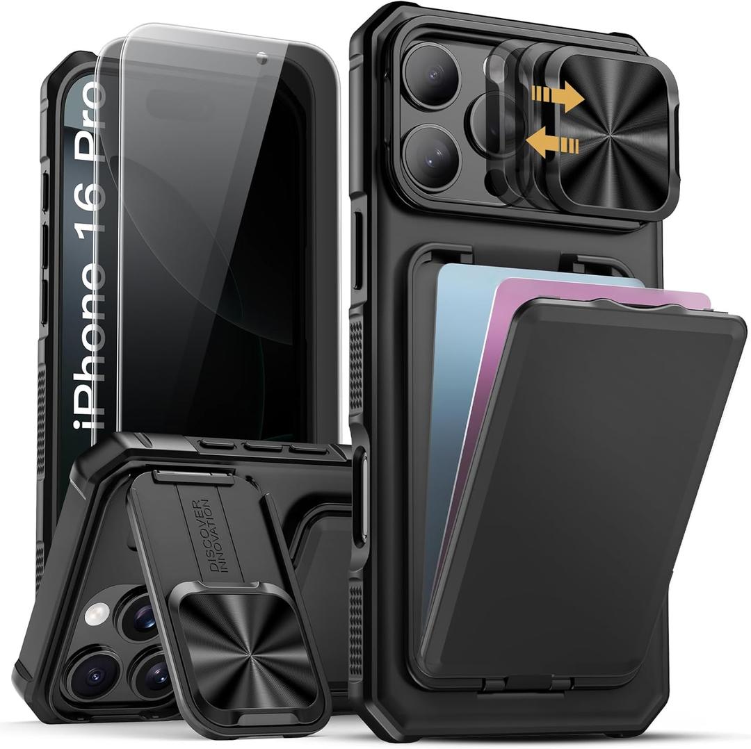 SSLOTSCASE for iPhone 16 Pro Case with 2X Privacy Screen Protector, Card Holder & Kickstand & Slide Camera Lens Cover & Camera Stand & Wallet, Military-Grade Phone Case Cover for iPhone 16 Pro, Black
