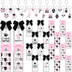 Zhehao 20 Sets 2026 Graduation Gifts Bulk End of The Year Gift Graduation Cups with Straws Grad Keychains Gifts Pink Bow Graduate Party Supplies Class of 2026 Plastic Congrats Grad Cup