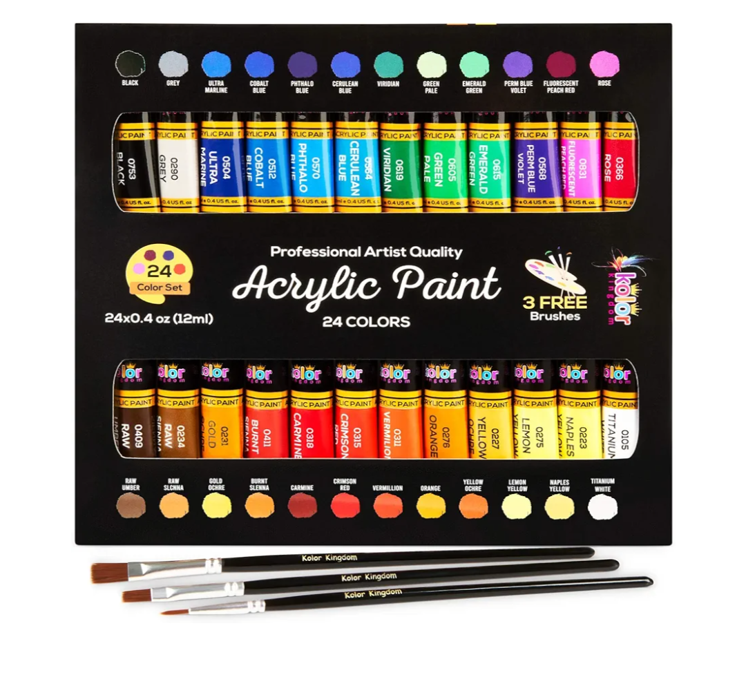 Acrylic Paint Set Canvas Art Paints 24 Colors Perfect Paint Finish (0.41oz,12 ml) With 3 Brushes - Painting Canvas, Paper, Wood, Rock, MDF, Ceramic & Fabric