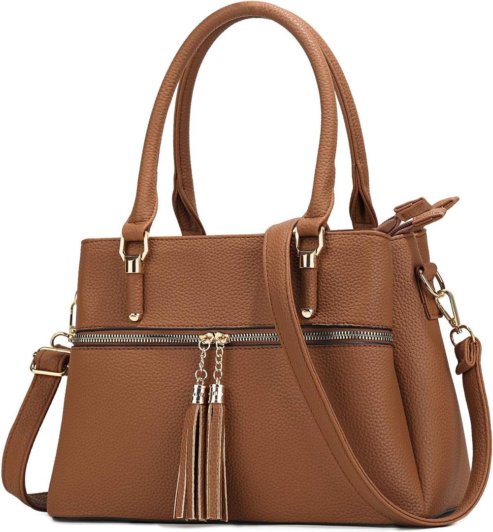 KKXIU Women Satchel Bags Handle Shoulder Handbags and Purses Pockets Zipper Leather Crossbody Bags, D-Brown