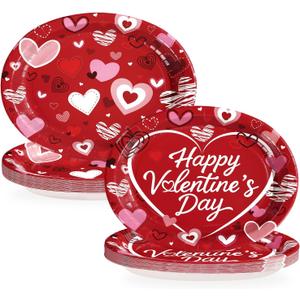 50Pcs Valentine's Day Oval Paper Plates 10" x 12" Large Red Pink Hearts Plates Disposable Heavy Duty Red Pink & White Heart Platters for Valentines Day Wedding Anniversary Engagement Party Decorations