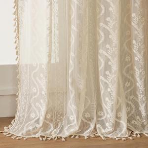 WAZZIO Boho Lace Curtains 2 Panels 63 Inches -Cute Vintage Victorian Sheer Panel Drape French Country Floral Pattern & Tassel Light Filtering Privacy for Bedroom Dining Living Room,Beige,W52x L63