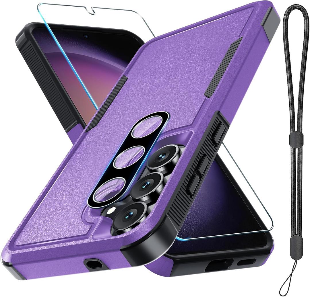 for Samsung Galaxy S25 FE Case with Screen Protector+Camera Lens Cover,Military Grade Heavy Duty Shockproof Phone Cover with Wrist Lanyard Strap for Samsung S25fe,Lavender