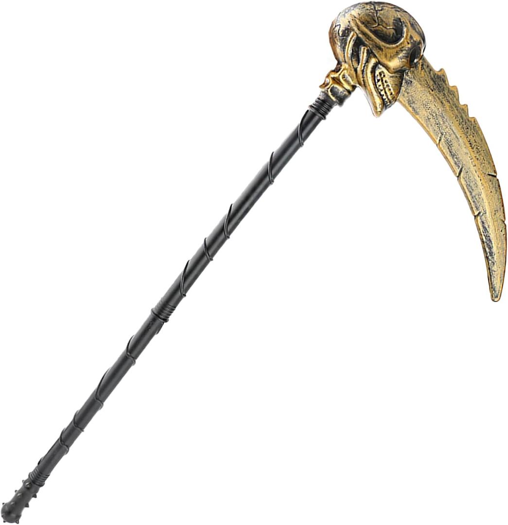 Boieo Halloween Grim Reaper Scythe Costume Prop, 33.4 Inch Detachable Plastic Weapon for Adults & Kids, Golden Skull Sickle Weapon