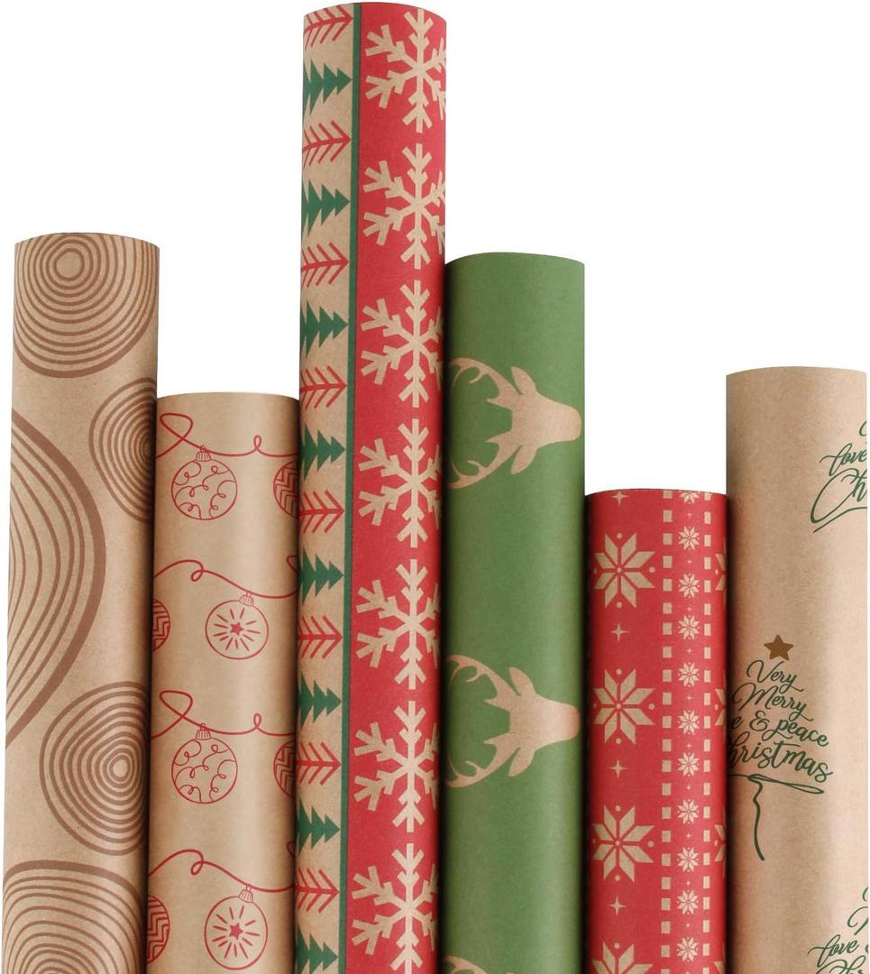 RUSPEPA Christmas Wrapping paper - Brown Kraft Paper with Red and Green Pattern For -Christmas Elements Collection-6 Roll-30Inch X 10Feet Per Roll
