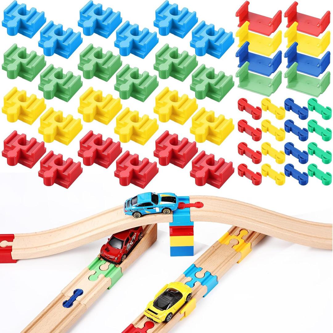 Soulchen 48 Pcs Wooden Train Track Accessories with 3 Distinct Pieces Wooden Track Connector Pieces Compatible with Block and Most Railroad Set Train Expansion Pack for Adult Christmas Birthday Gift
