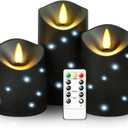 kakoya Outdoor Waterproof Flickering Flameless Candles with Embedded Star String,3Pcs LED Pillar Candles Battery Operated with Remote and Timers for Courtyard,Porch,Camping,Holiday Decoration(Black) (D3.25xH4"5"6")