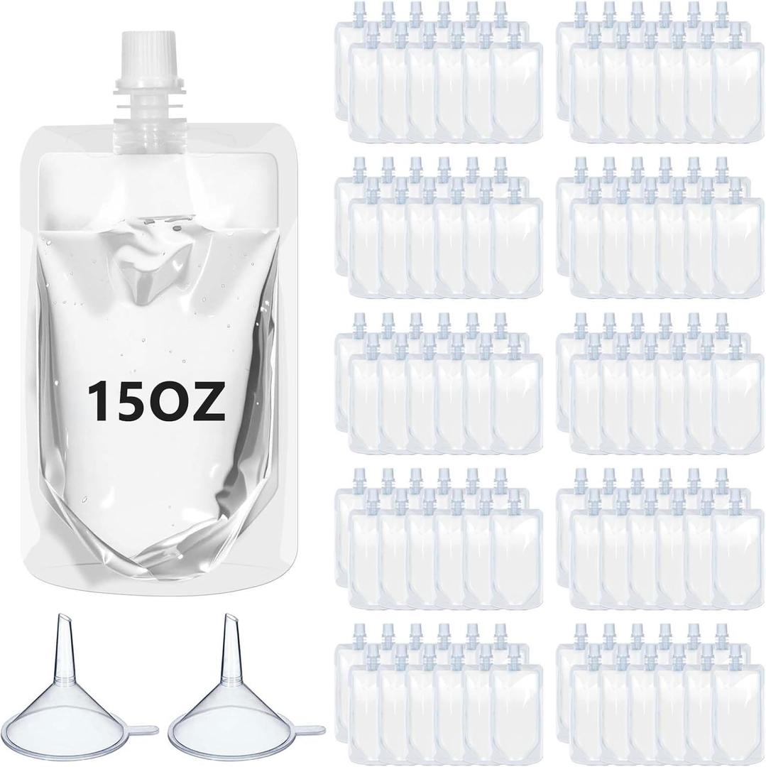100pcs Plastic Flasks Disposable Drink Pouches Clear Juice Bags Salsa Leakproof Squeeze Pouches for Travel (15 oz)