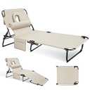 Ahsuname 3-in-1 Sun Tanning Chair with Face Holes, Folding Chaise Lounge Chairs, 5-Position Adjustable Lounge Chair Outdoor with 2 Side Pocket & Pillow, for Pool Beach, Patio, Camping, Beige