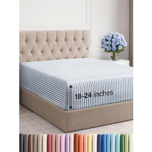 Extra Deep Queen Fitted Sheet - Hotel Luxury Single Fitted Sheet Only - Easily Fits 18 inch to 24 inch Mattress - Ultra Soft, Wrinkle Free with Extra Deep Pockets - Breathable & Comfy - Blue Stripes