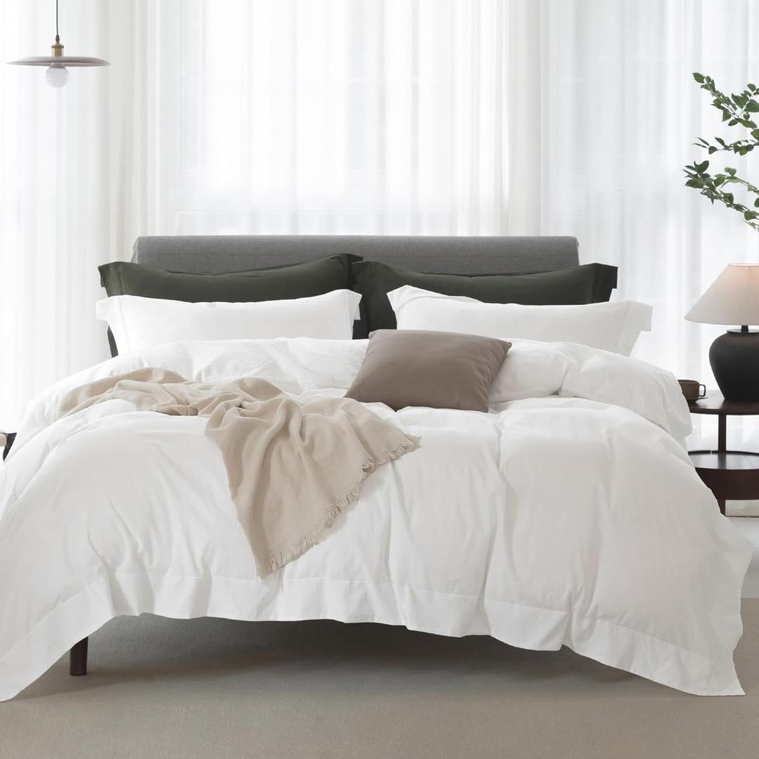 Cooling King Duvet Cover Set 3 Pieces-100% Washed Cotton with Chic Wide Trim Design Linen Like Textured Ultra Soft Cozy Bedding with Zipper Closure(Hemmed Off White,King 104"x90")