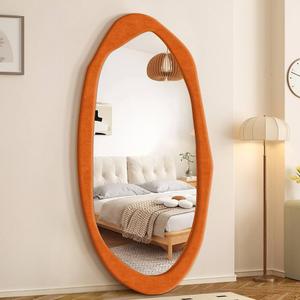 TRAHOME Irregular Asymmetrical Wall Mirror, 48" x 24" Flannel Wrapped Wooden Frame Frame Mirror for Living Room Bathroom Entryway, Hanging or Leaning Against Wall(Orange)